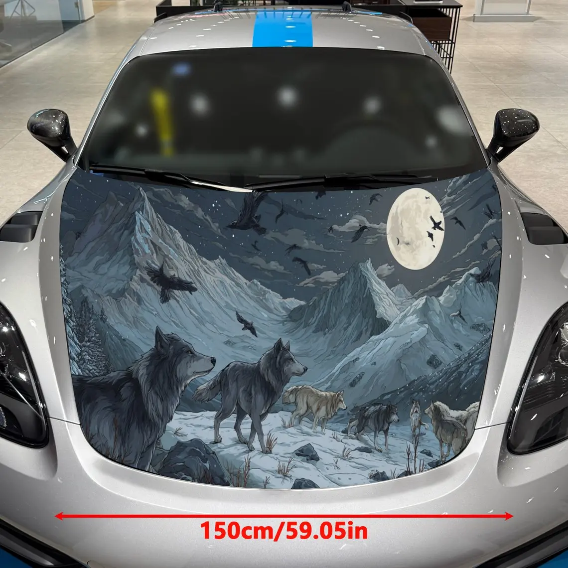 Cold Polar Snow Wolf Moonlight PVC Car Hood Wraps, Self-Adhesive Waterproof Car Bonnet Decal Sticker, Car Decoration Protection