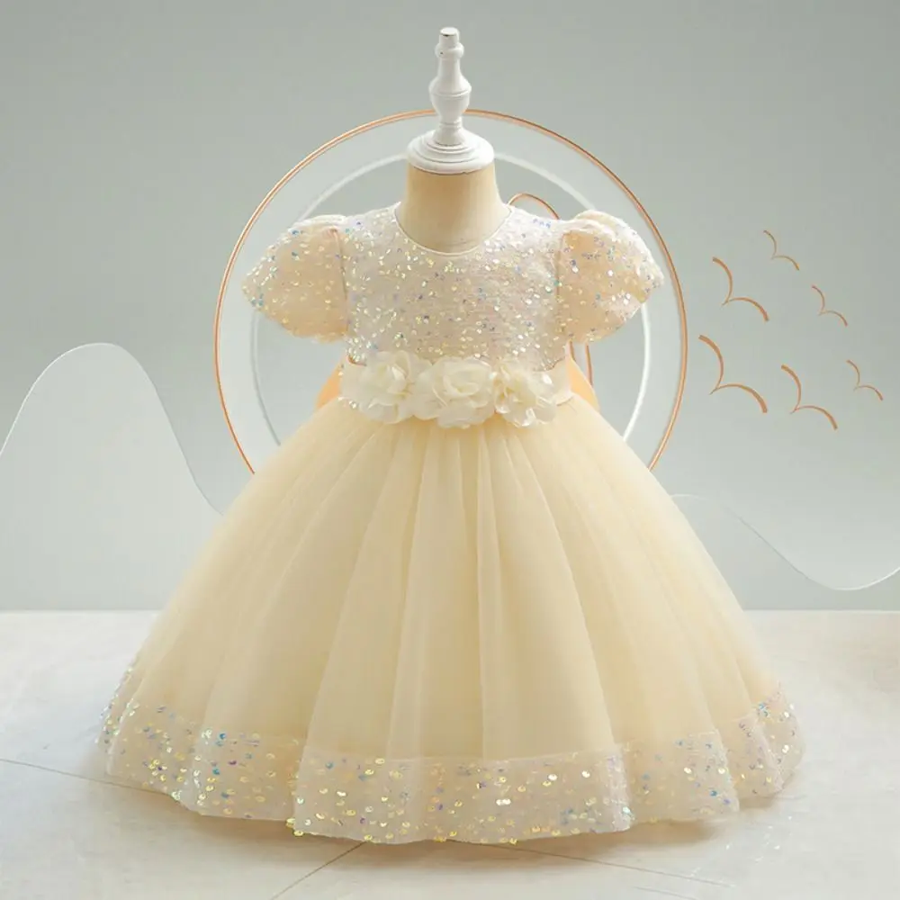 Puff Sleeve Girls Princess Evening Dress Flower Shiny Glitter Children Tulle Dress Sweet Bowknot Party Dress Skirt Dancing Party