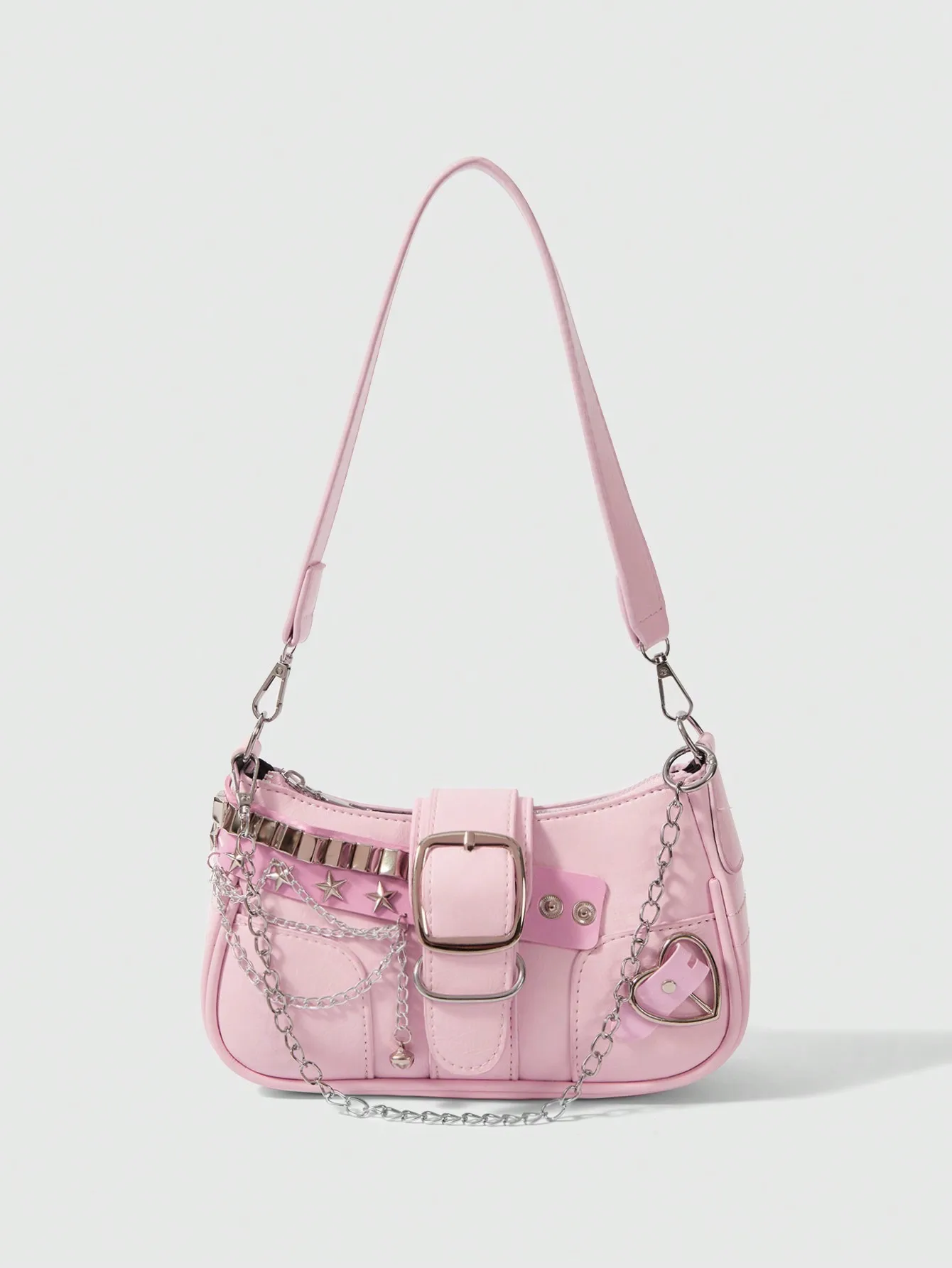 

Розовая сумка-кроссбоди в стиле панк с цепочкой и декоративной пряжкой