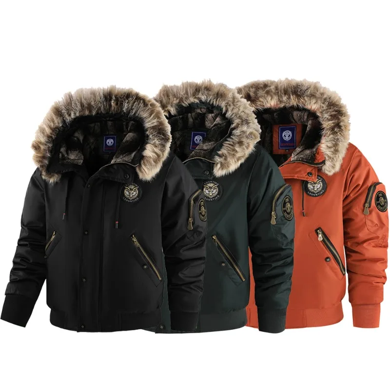 New Men Winter Padded Jacket Black Hood Durable Windproof Fabric Embroidery Jacket Side Pockets Long Sleeve Zipper Coat for Man