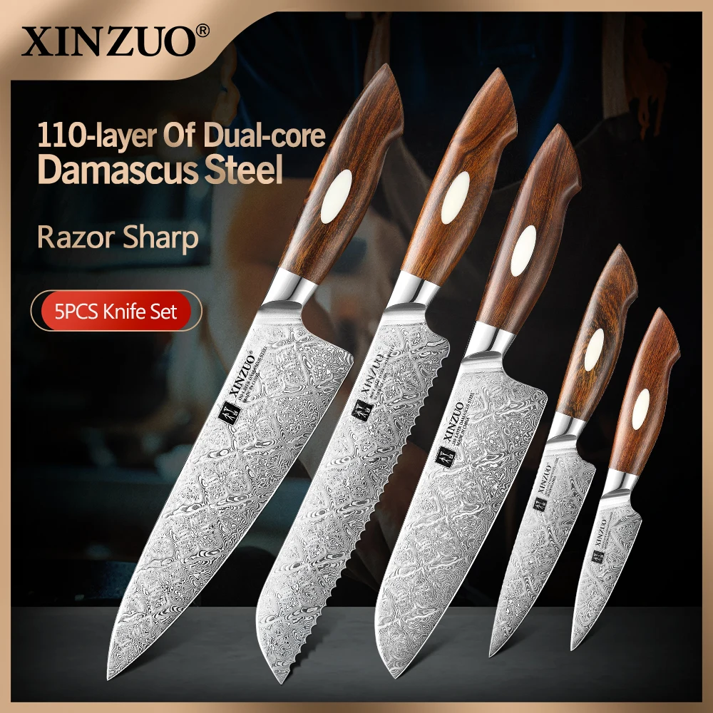 XINZUO Five Pieces Set Kitchen Knife Set Professional High End Damascus Stainless Steel Exquisite Handmade Box Packaging.