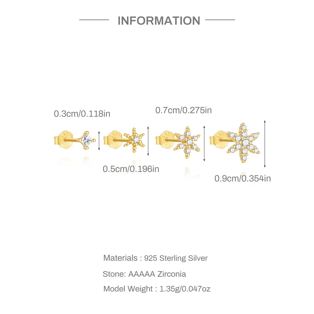 CANNER 4PCS Hexagram Minimalist Zircon 925 Sterling Silver Stud Earrings Set For Women Ins Classic Pendientes Plata De Ley 925
