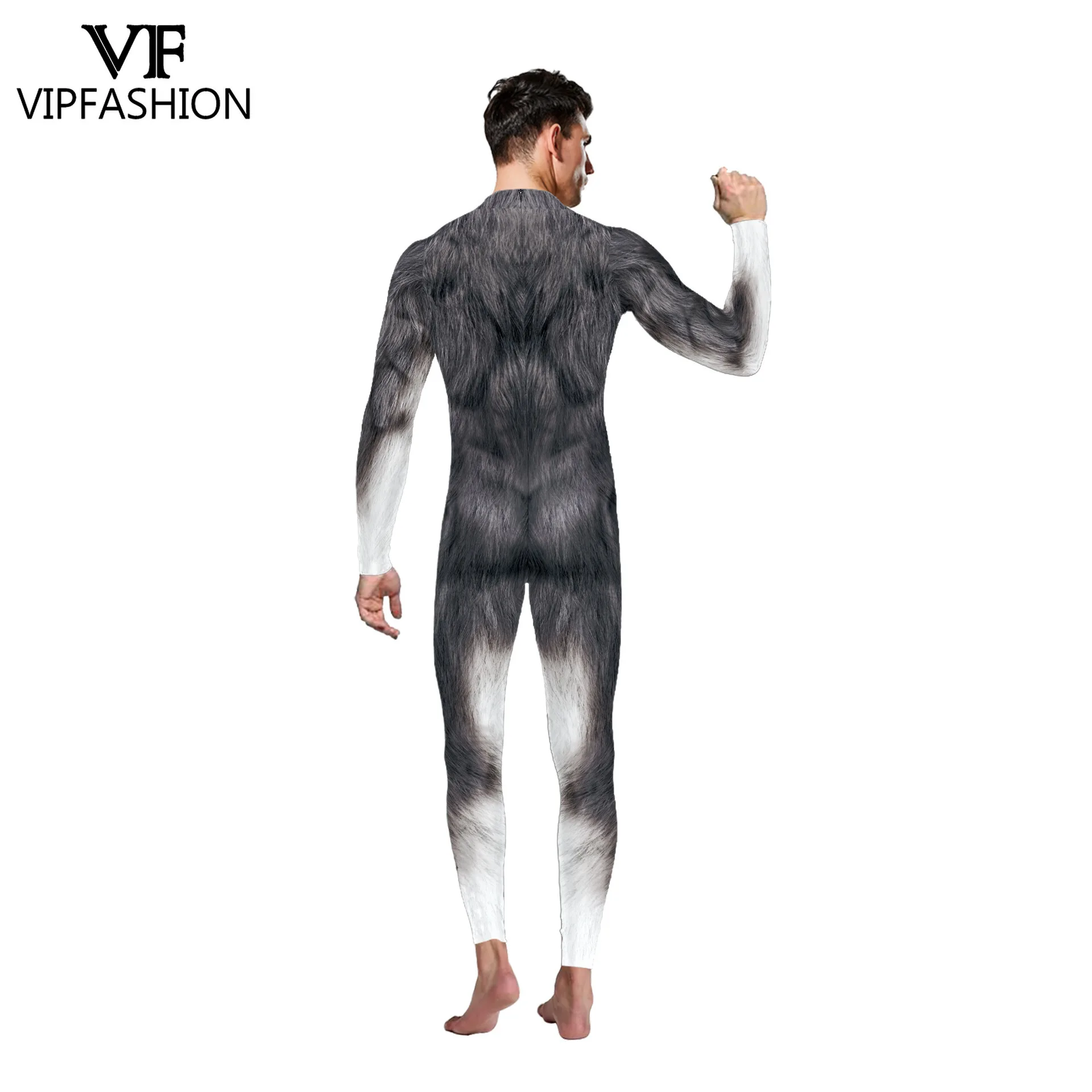 VIP FASHION Kombinezon z nadrukiem wilkołaka dla dorosłych Elastyczny kombinezon na Halloween Impreza zwierzęca Strój Cosplay Fantazyjny strój Zentai Strój Rave