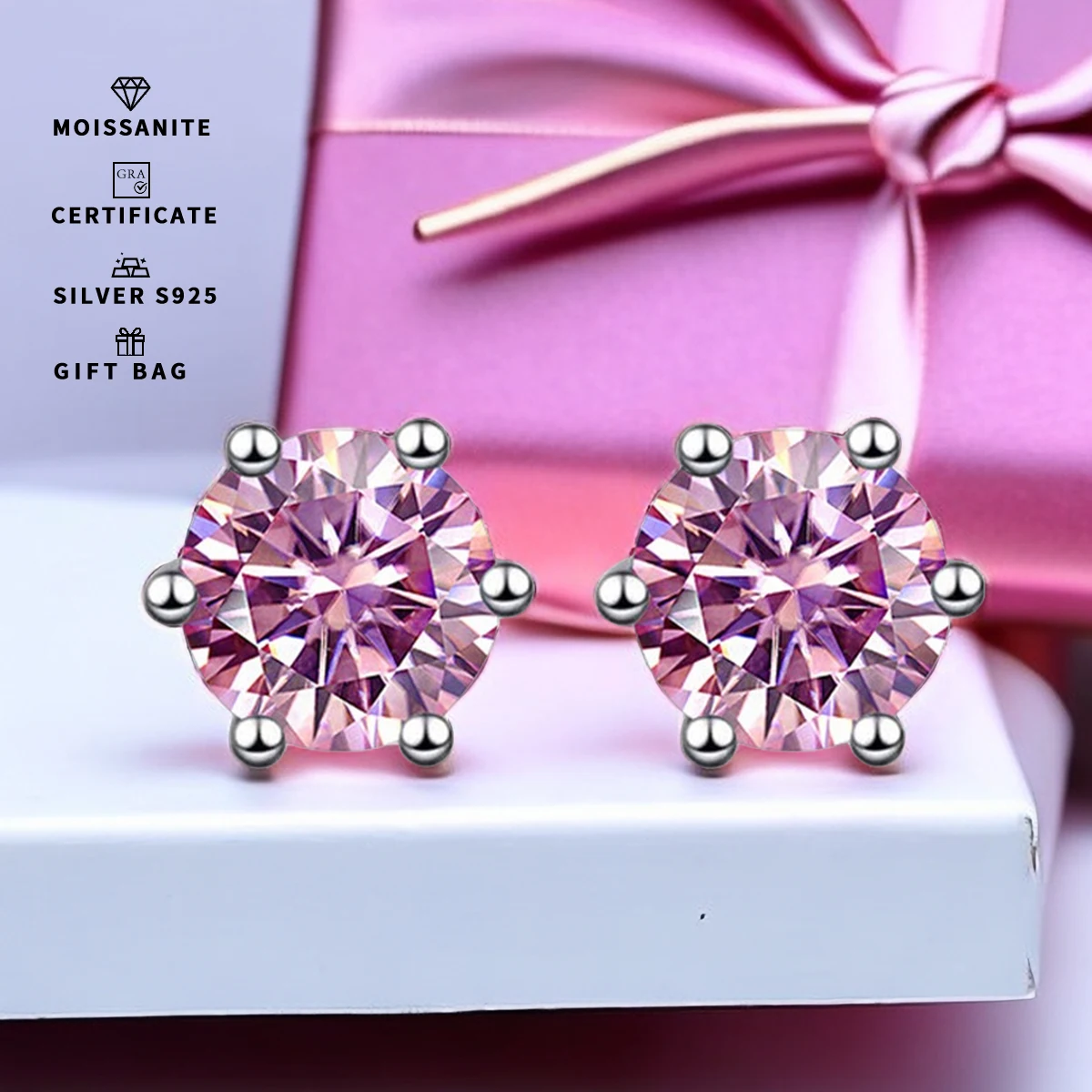 

GRA 6.5mm/1ct Certified S925 sterling silver six-prong stud earrings Round Deep Pink Moissanite earrings for women fine jewelry