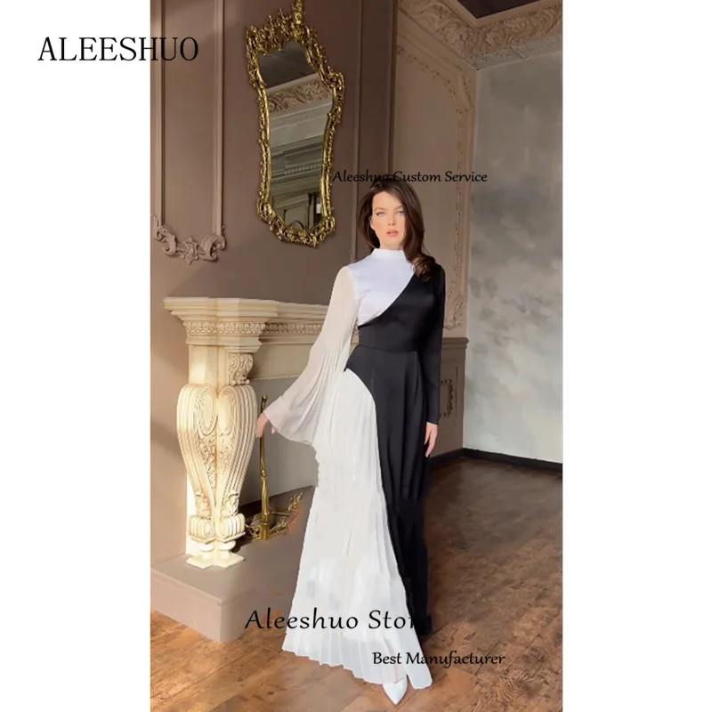 Aleeshuo Muslim Elegant Long A-Line Prom Gowns Contrast Color Evening Dresses Pleated O-Neck Floor-Length Party Robe de soirée