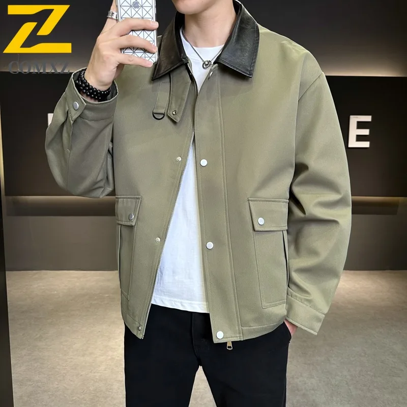 COMXZ Mens 2025 Large Size Fall Pure Color Turn down Collar Loose Fit Casual Jacket for Outdoor Outfit lightweight windbreaker