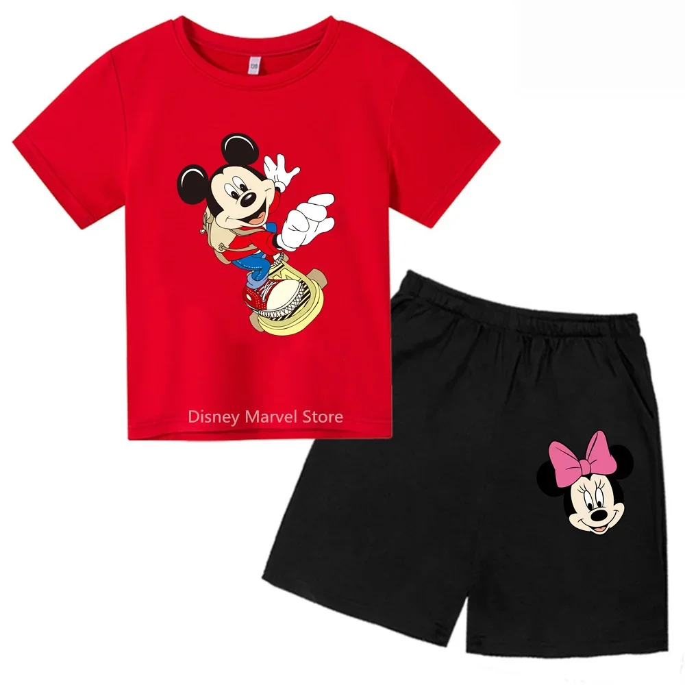 Trendy Boys Girls Summer T-Shirt Shorts Set Highlighting Mickey Mouse Cartoon For Ages 3-14 Perfect For Casual Kids Apparel