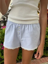 Lace Patchwork Stripes Shorts Women Cotton Buttons Elastic High Waist Casual Straight Short Pants Sweet Bow Summer Sweatshorts