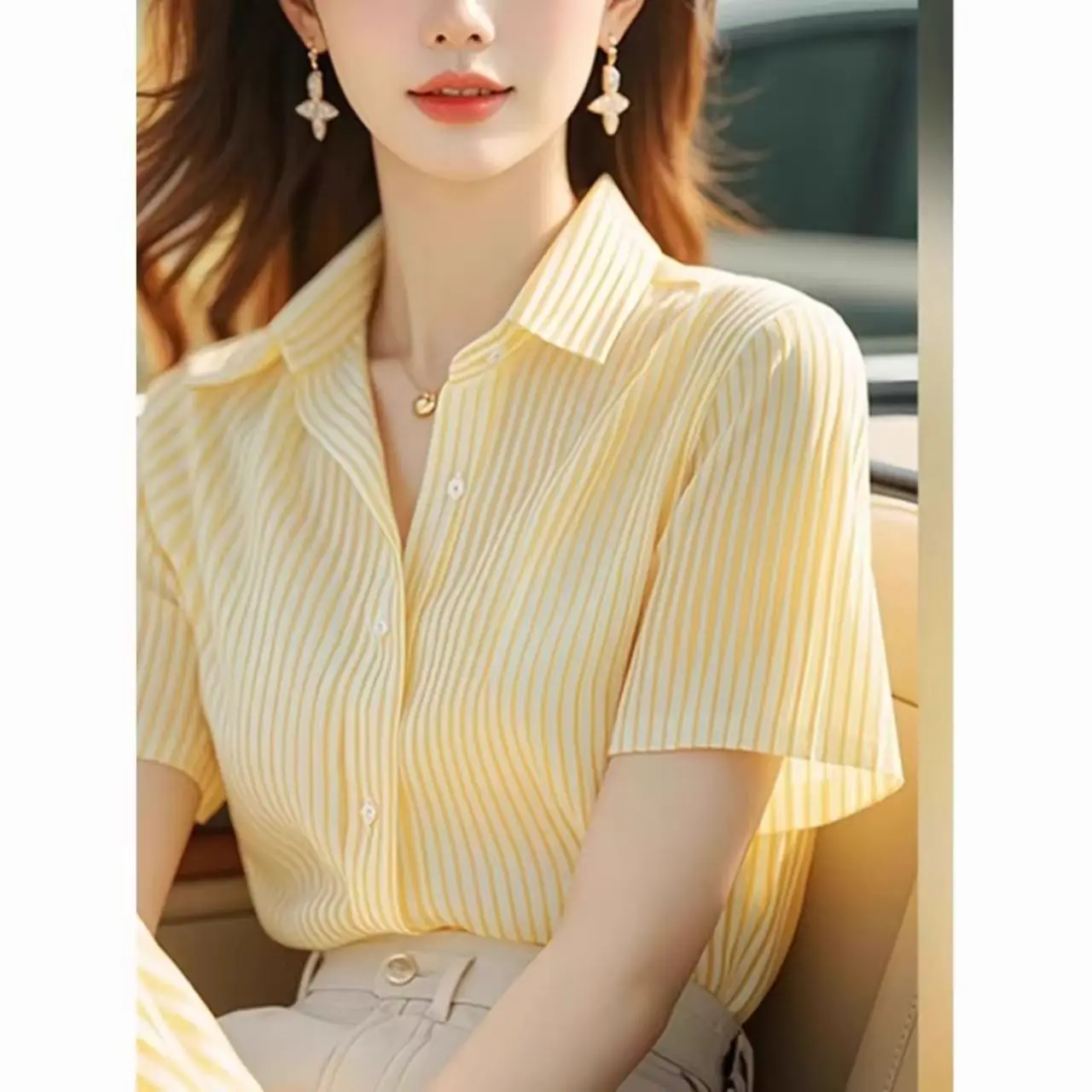 

Casual Yellow Striped Shirt Short Sleeve Women Loose Lapel Single Breasted Tops European and American Style Casual Versatile Top
