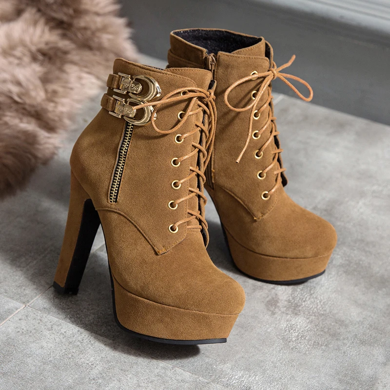 Fashion Women\'s Ankle Boots High Heeled Platform Short Boot Female Buckle Flock Zipper Gray Ladies Party Shoes Large Size 50