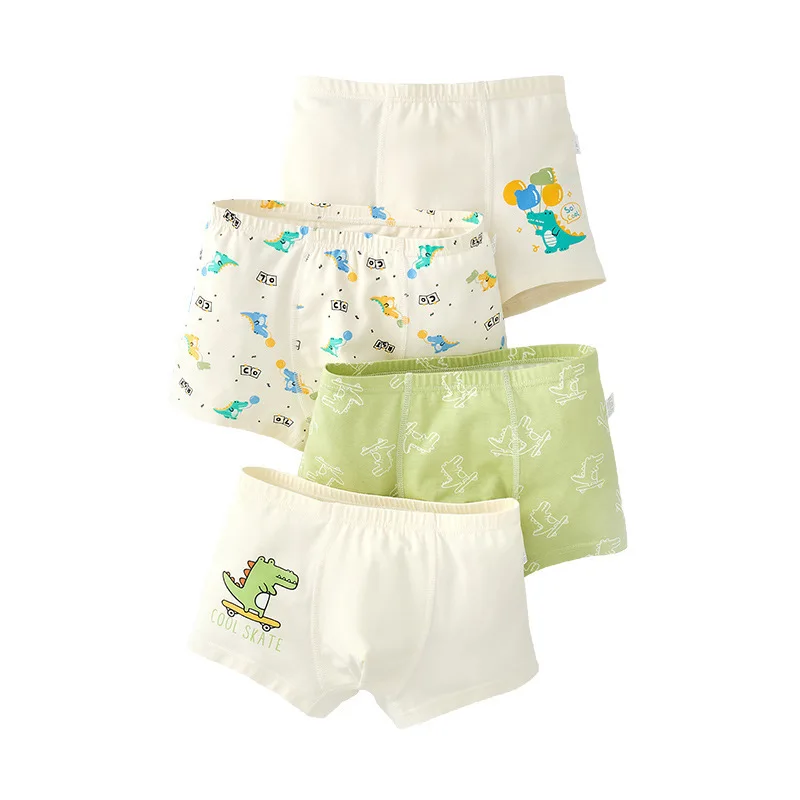 Kids Cotton Underwear 4-Pack Cartoon Dinosaur Boys Boxer Children Striped Briefs Comfortable Breathable 4-14 Years