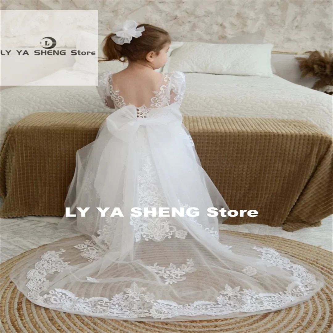 White Flower Girl Dresses Tulle Lace Flory Pattern With Bow Long Sleeve For Wedding Birthday Party First Communion Gowns