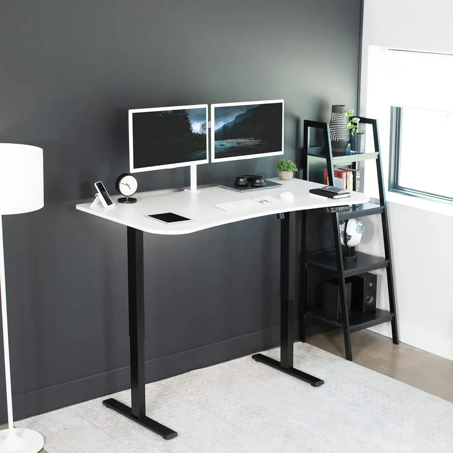 Electric 63 x 32 inch standing desk workstation with memory controller height adjustment, white top and black frame