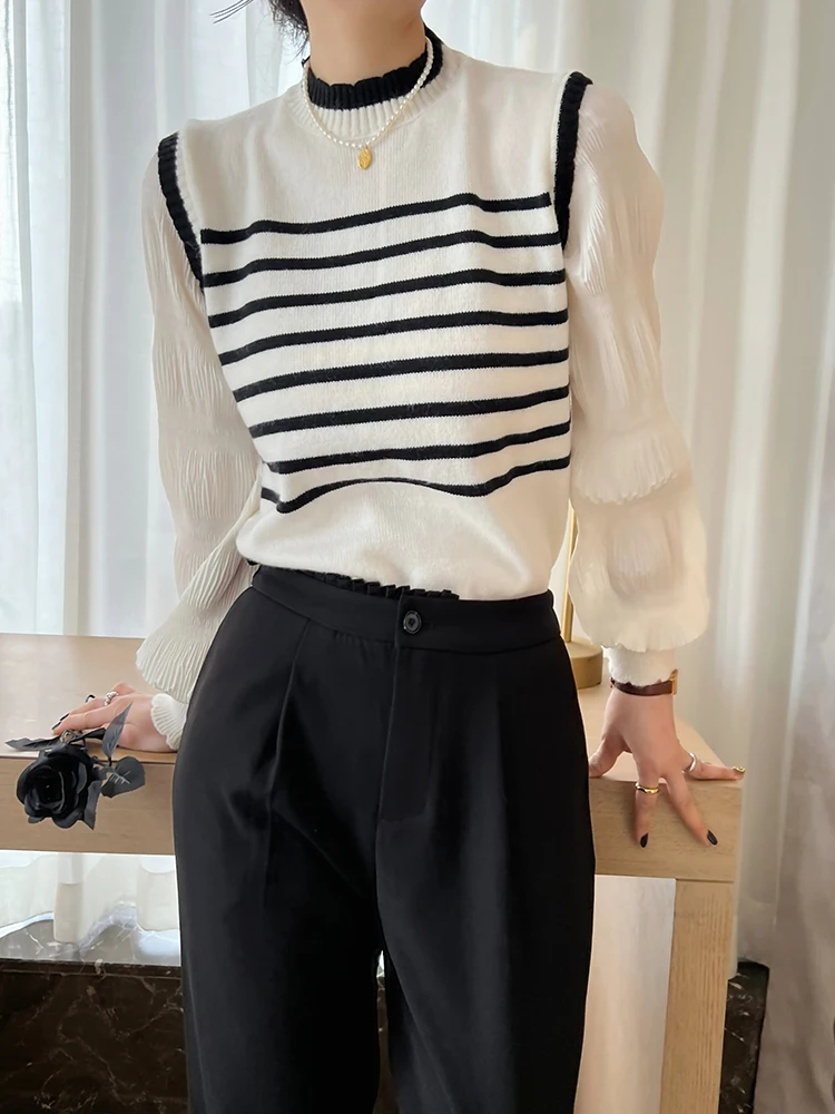 

ANGJIA Women's Knitted Stripe Two-Piece Illusion Pullover Spring Fro with Texture And Pleats round Ne Long Sve Top