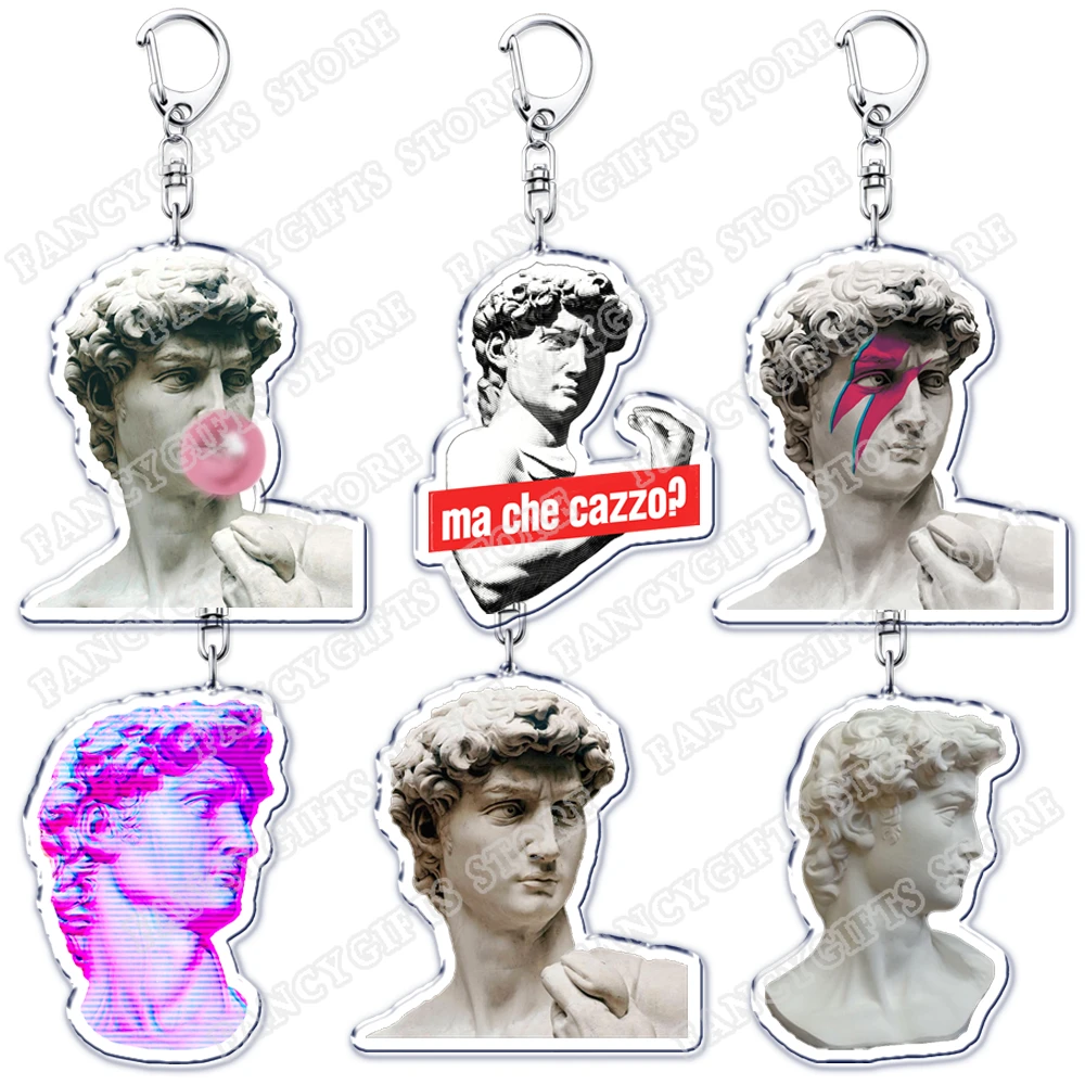 Fun David Statue Keychains for Accessories Bag Vaporwave Aesthetic Art Glitch 90s Its All in Your Head Keyrings Jewelry Gifts