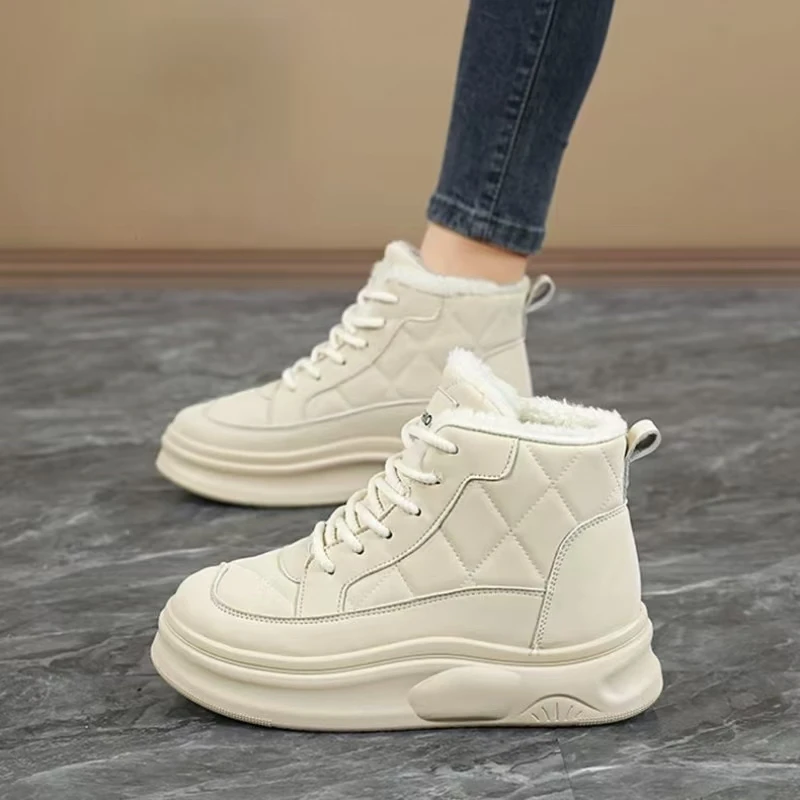 

Women Winter New Leather Big Size Ankle Snow Boots Thick Sole Non Slip Waterproof High Lace Up Plush Keep Warm Cotton Shoes