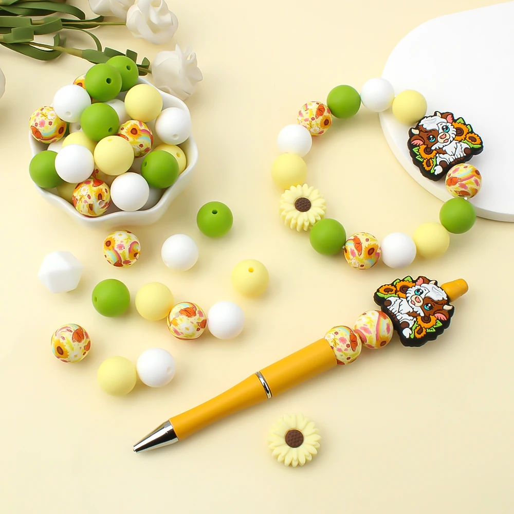 32pcs Focal Silicone beads Daisy Flower Highland Cow Sunflower Flower Collection for Jewelry Making Accessories Pen Decoration