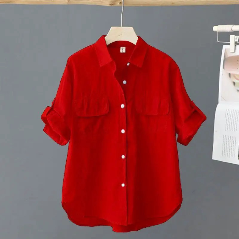 Blusa Casual Feminina Solta de Verão Nova com Botões Frontais em Cor Pura Confortável