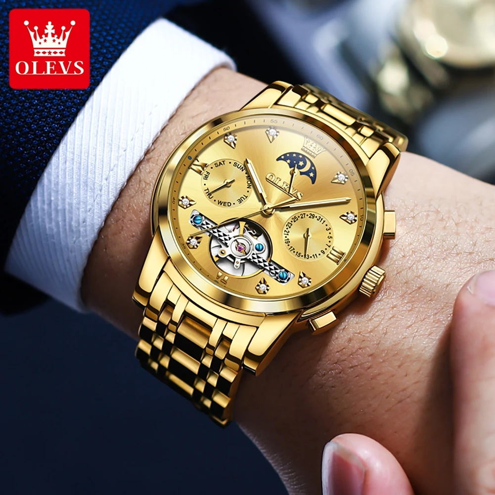ساعة OLEVS توربيون ذهبية فاخرة للرجال بحزام من الفولاذ المقاوم للصدأ مقاومة للماء لمرحلة القمر ساعات آلية عصرية للرجال #6