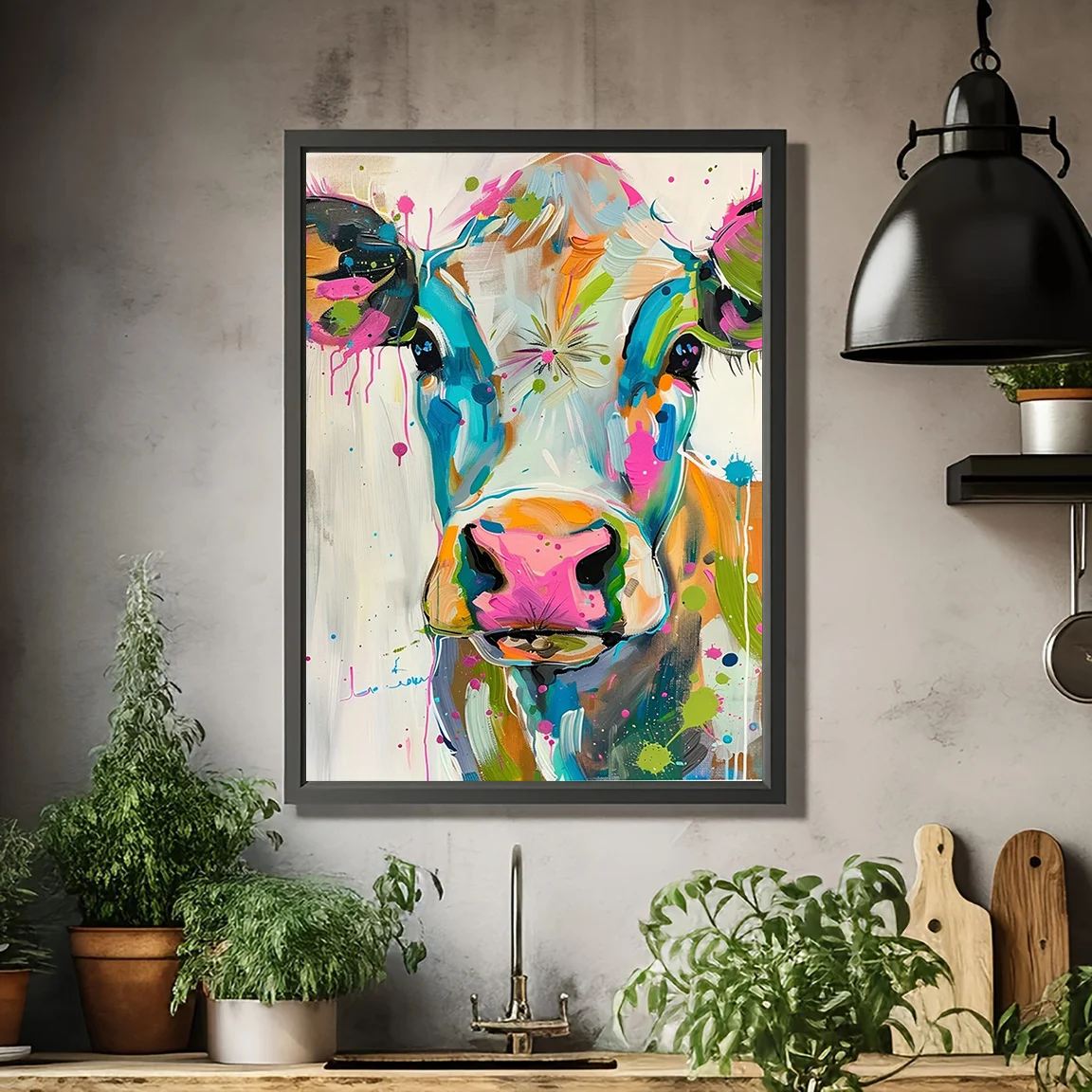 Colorful Cow Canvas Art Print Poster, Vibrant Abstract Animal Wall Decor for Living Room, Bedroom, Kitchen, Office, Frameless view 4