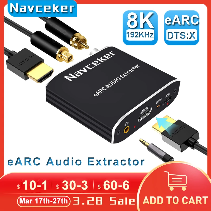 

Navceker 192KHz HDMI-compatible Audio eARC Extractor 7.1CH ATMOS eARC TV Projector HDMI ONLY Toslink Coaxial Converter Adapter