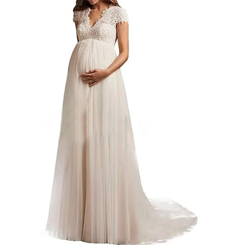 Simple European and American style maternity wedding dress with high waist, plus size, small train, white, with a sense of elega