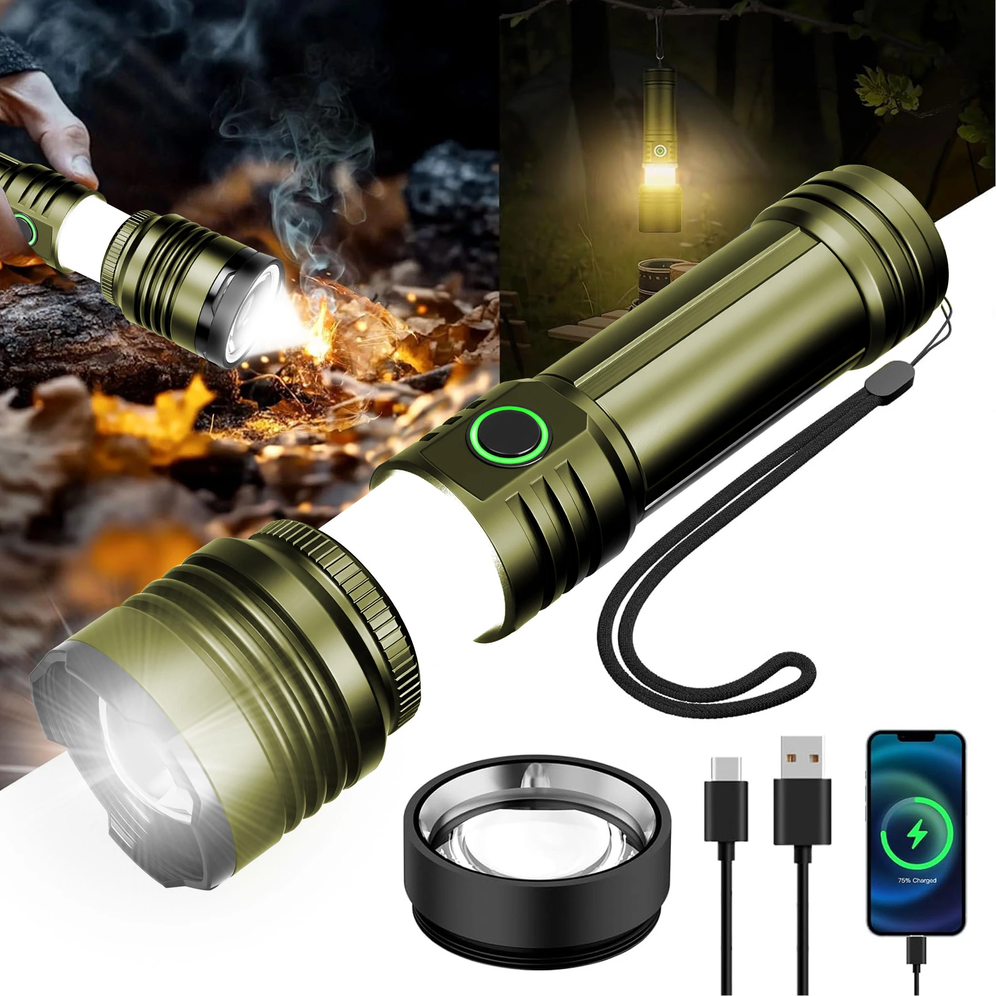 High Lumens Telescopic Flashlight Fire Starter Lens 5000mAh 70H 5 Modes Low/Med/High/Strobe/SOS Type-C Outdoor