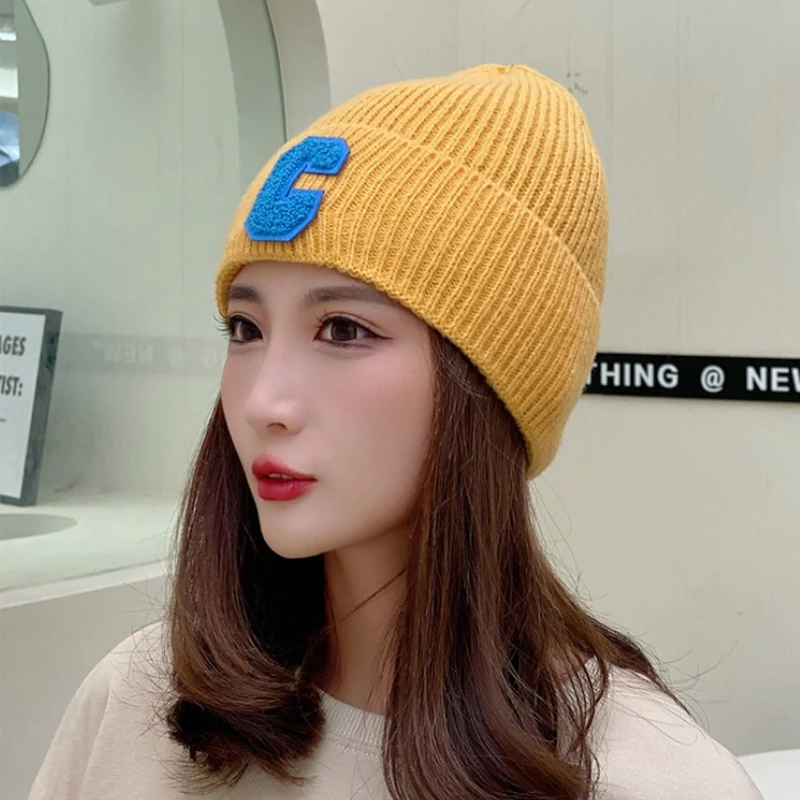 الكورية للجنسين الخريف الشتاء محبوك قبعة كبيرة C رسالة بسيطة قبعة قبعة نسخة Skullies Beanies لينة الهيب هوب قبعات بونيه عادية