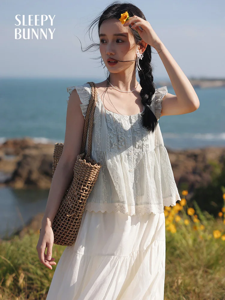 

Chic Sweet Elegant Ruffle Blouse Women French Style Summer Short Loose Lace Shirt Square Neck Tie Design Casual Top Daily Look