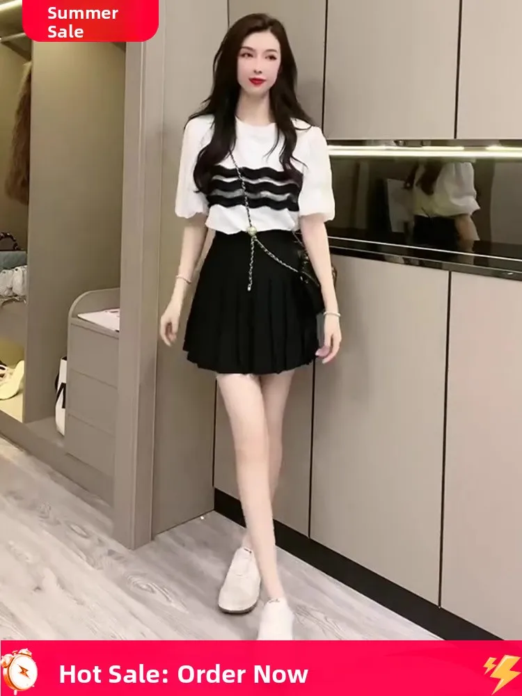 패셔너블한 투피스 세트 여성용 2025년 신상 슬레 에이지 디파잉 탑 플리츠 스커트 여름 의상 클레테 앙상블