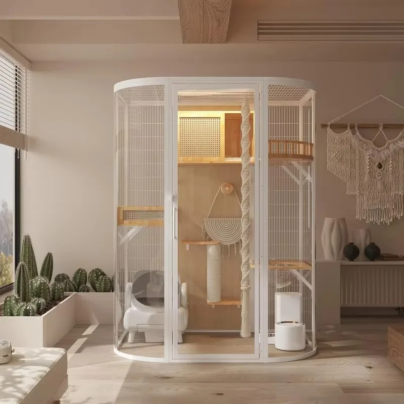 

2026 Cat Villa Cat Cage Extra Large Luxury Solid Wood Indoor Panoramic Pet Glass Display Cabinet for Pet Supplies