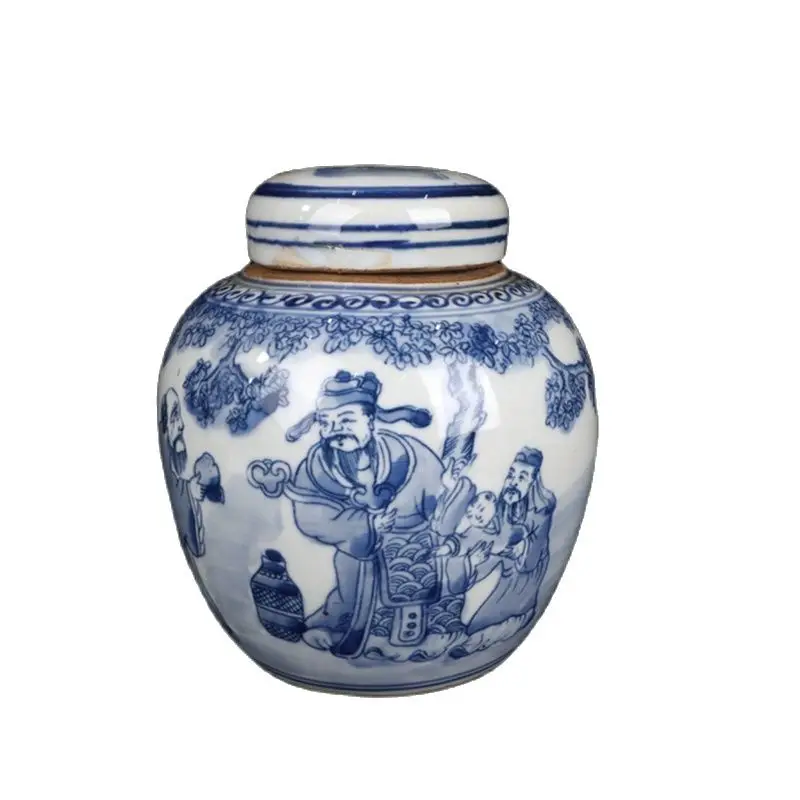 

China Old Porcelain Blue And White Character Flowers and Plants Pattern Can Covered Storage Pot