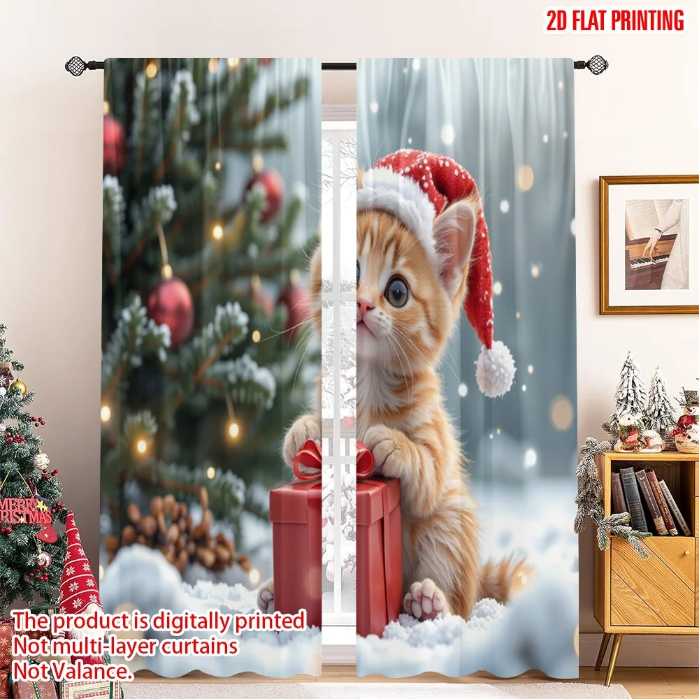 

2pcs 2D flat printing Christmas Window Curtains Cute Kitten Christmas Gift Polyester Without Electricity Party Decorations