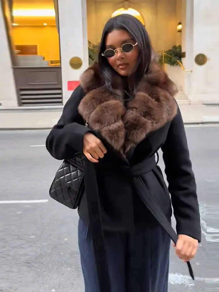 

Elegant Shawl Faux Fur Women Coat Lapel Lace Up Full Sleeve Belted Waist Woolen Female Jacket 2025 Autumn Winter Lady Outerwears