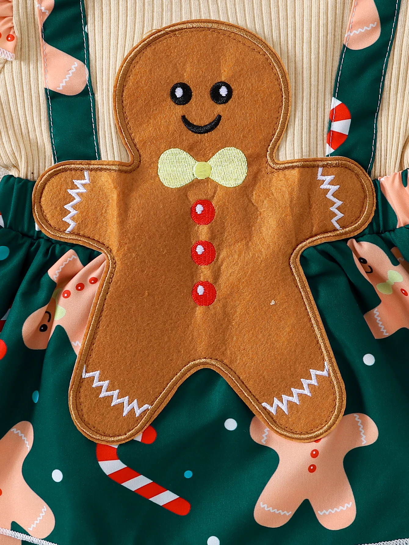 Lebkuchenmädchen-Outfit-Set mit Weihnachtsmotiv, mit Spitzenärmeln, bedruckten Overalls mit Innenmatch und großer Schleifendekoration für Babys – Detail 4