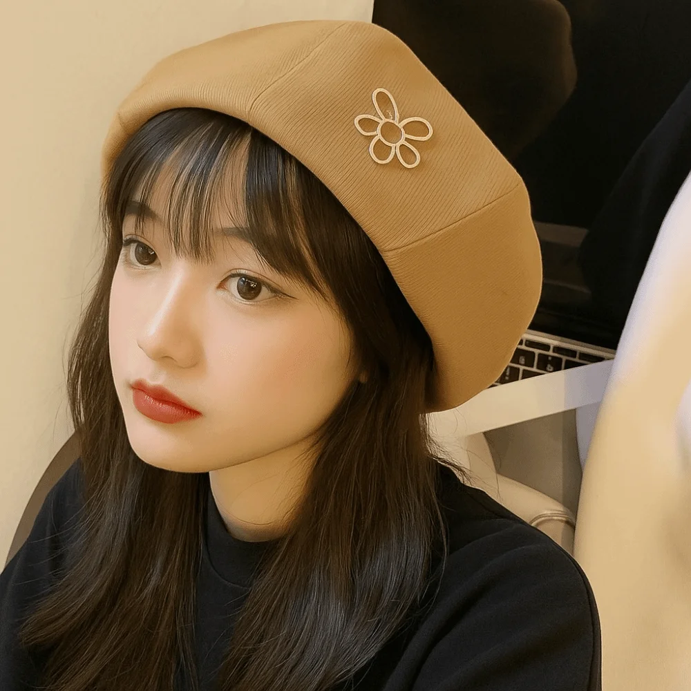 우아한 꽃 여성 베레모 큰 머리 둘레 탄성 팔각형 모자 따뜻한 단색 아티스트 모자 여성용