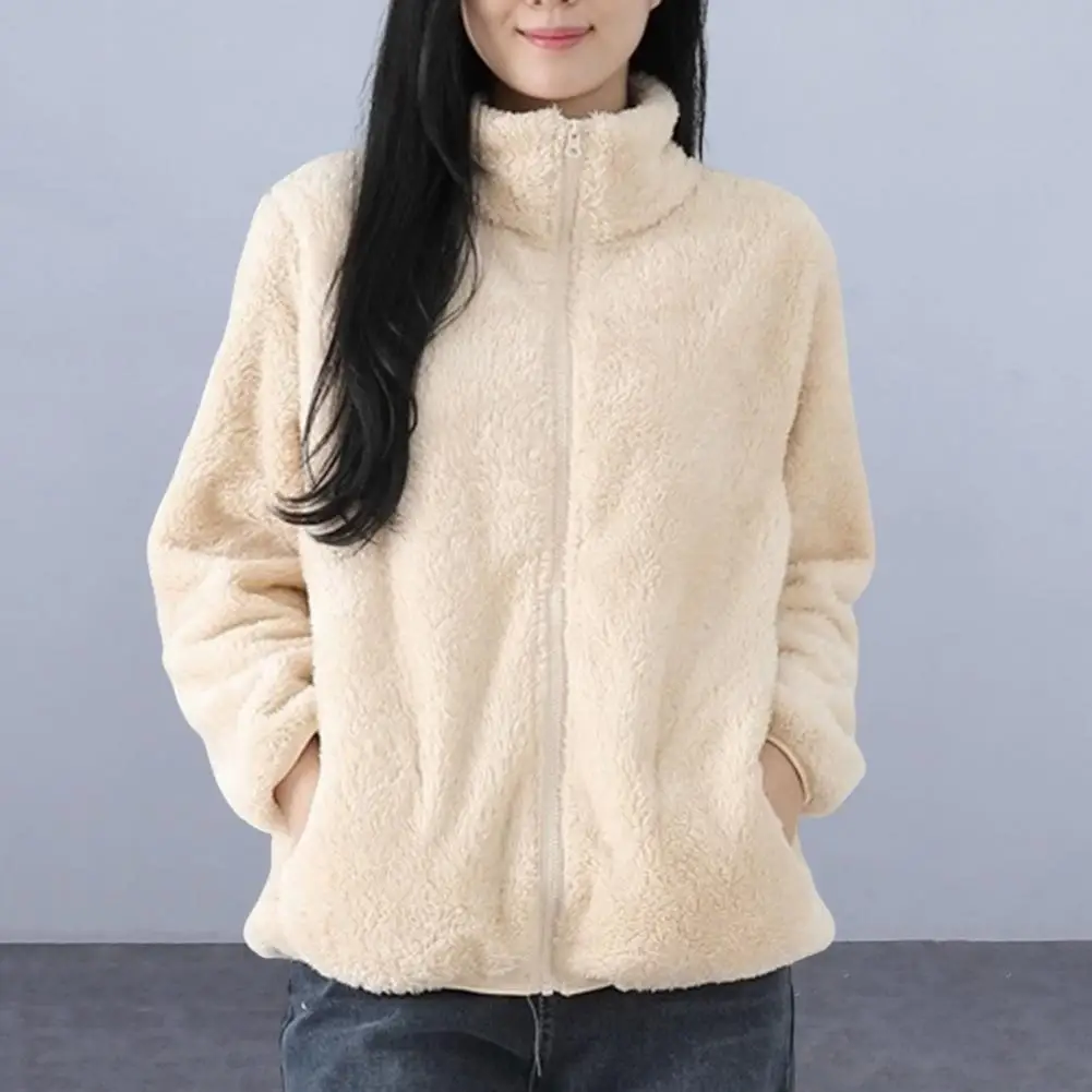 Women Zipper Closure Jacket Stylish Women\'s Winter Coat With Plush Stand Collar Long Sleeves Pockets For Outdoor Commuting Keep