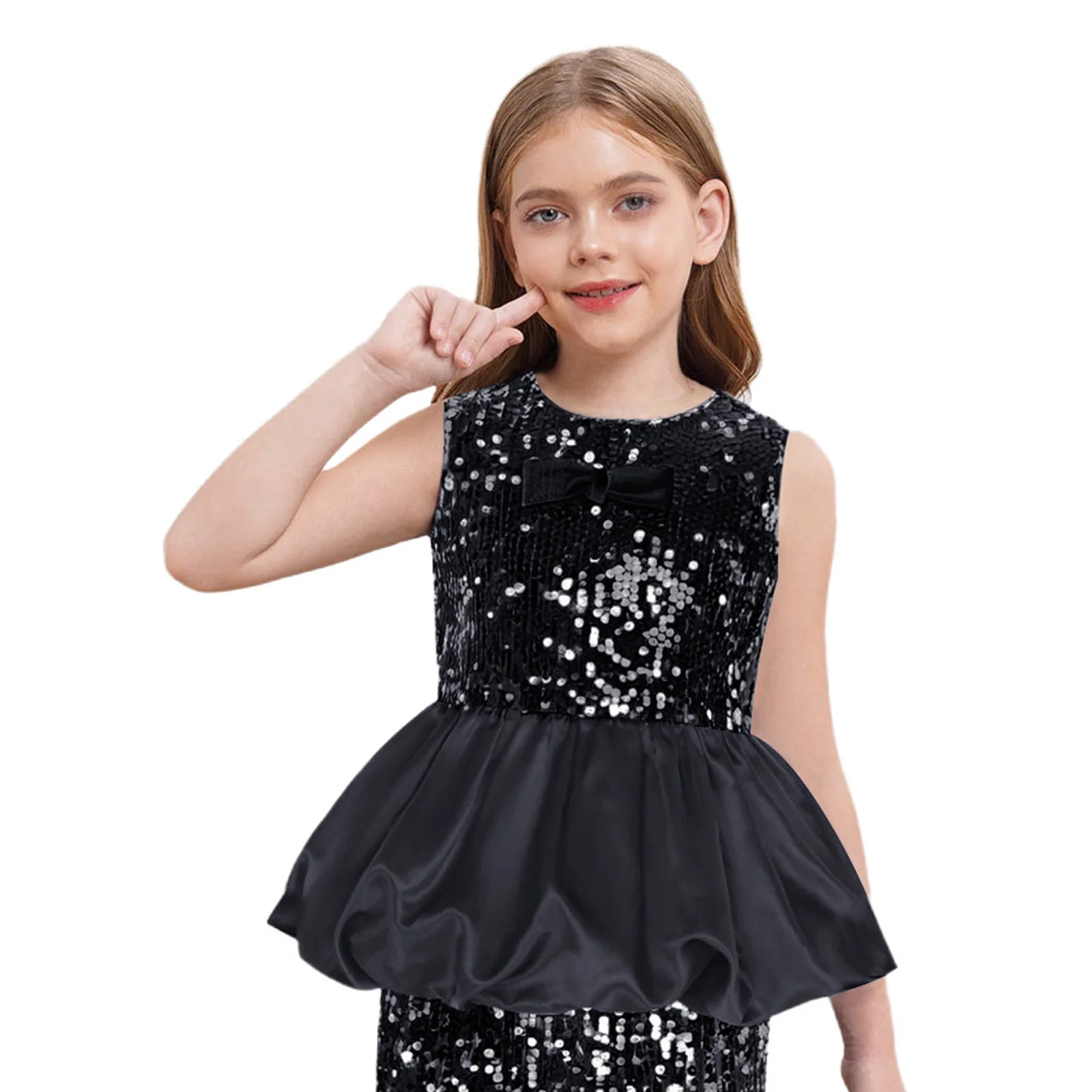 

Kids Girls Sparkly Sequined Party Tank Top Puff Peplum Front Bow Sleeveless Fully Lining Vest Blouse for Birthday Proms Dance
