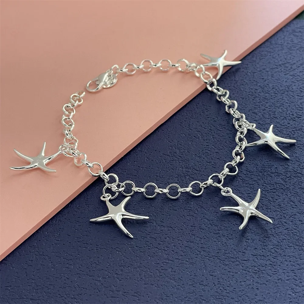 925 Sterling Silver Bracelet Starfish Charm Exquisite Women Fashion Wedding Party Gift Jewelry