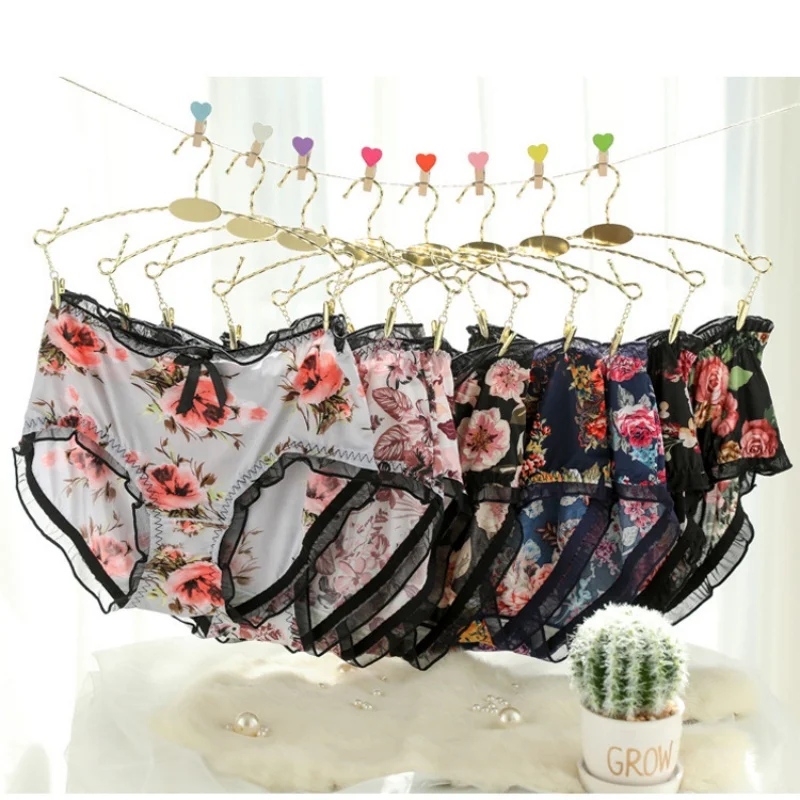 5PCS/Set Women\'s Panties Cute Soft Breathable Print Milk Silk Sexy Lace Flower Ruffle Bow Underwear Plus Size 4XL Lady Briefs