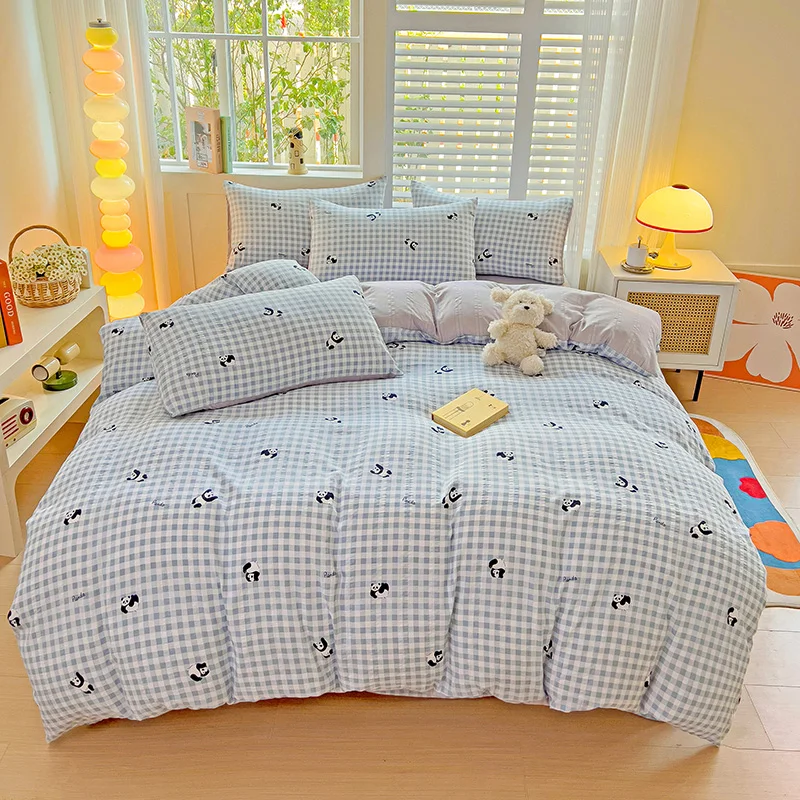 Simplicity Blue Plaid Duvet Cover 3/4pcs Set, Cartoon Panda Boys Girls Student Dormitory Home Bedding with Round Corner Sheets