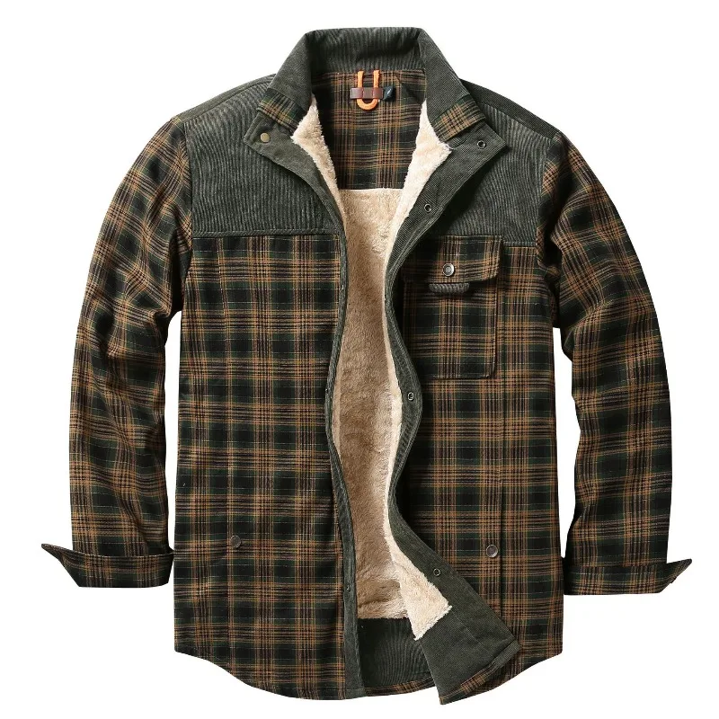Men Jacket Autumn Winter Washed Retro Plaid Shirt Casual Splicing Corduroy Design Lapel Coat Middle-aged Elderly Cotton Clothes