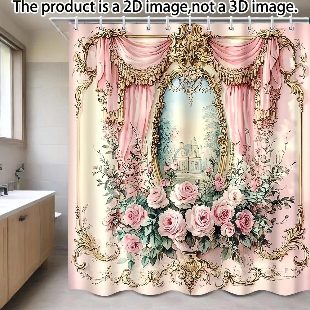 Vintage Palace Shower Curtain, Elegant Baroque Style Pink Curtains Roses And Castle Scenery,Decor Curtain to Brighten Bath Space