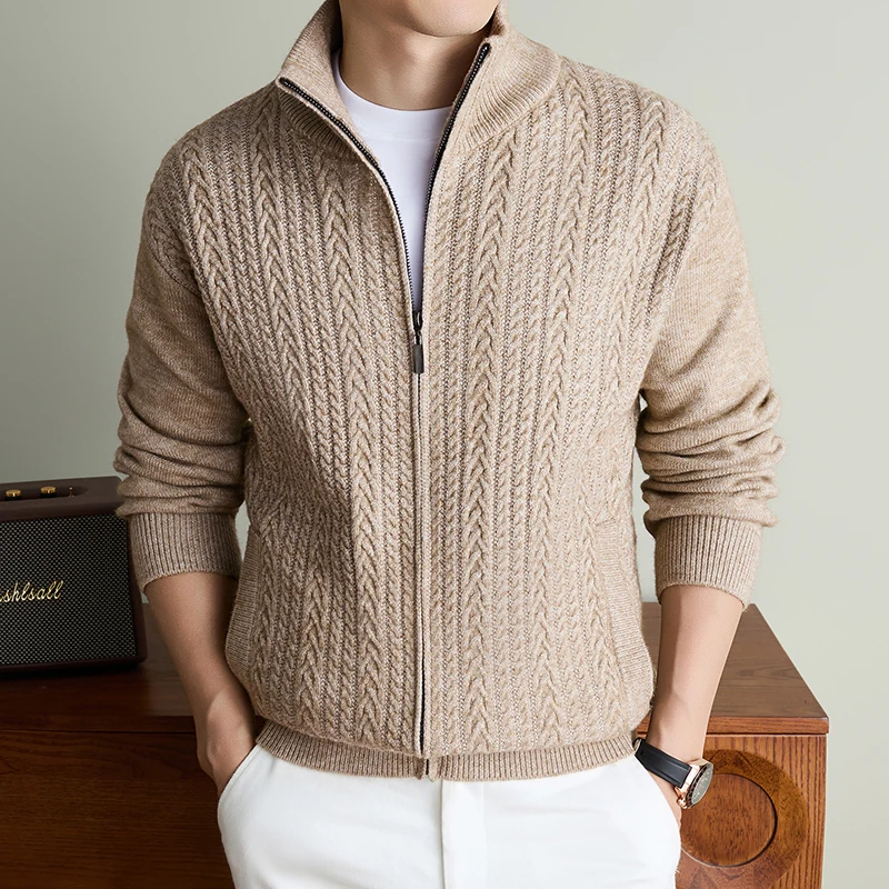 Luxury thickened warm knitted cardigan men's fashion jacquard solid color autumn winter soft casual zipper stand collar coat top