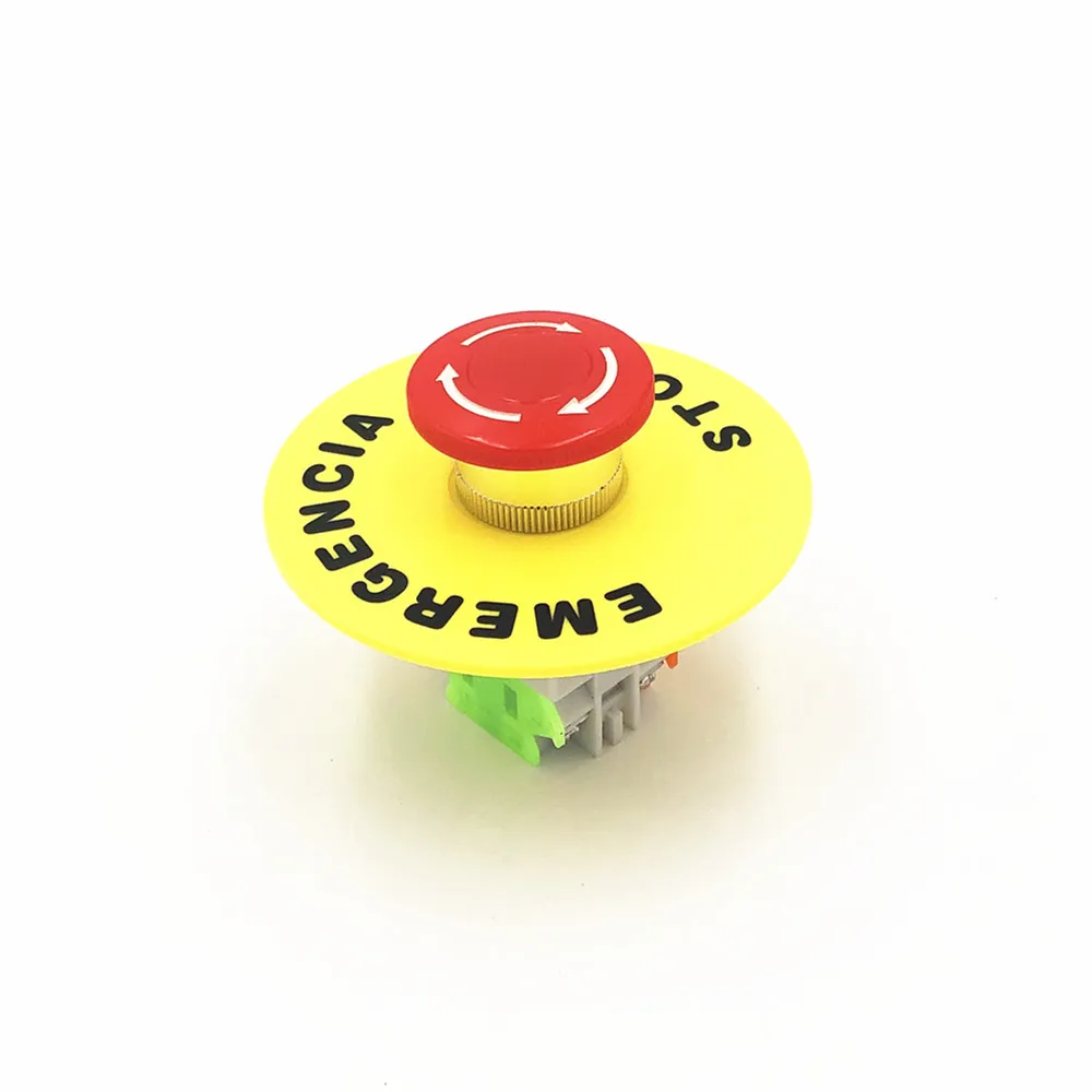660V 10A LAY37 Red Sign Emergency Stop Mushroom Push Button Switch with 90mm Emergency Stop Yellow Legend Plate