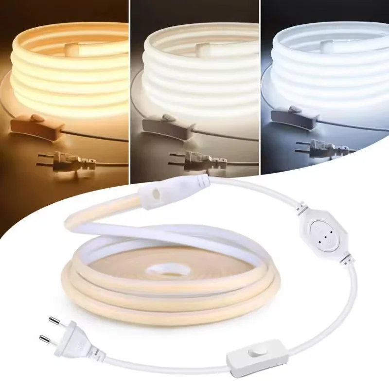 110V 220V Cob LED Strip Light Super Bright Waterproof With EU US Power Supply Switch 288 LEDS/m Warm/Neutral/White Outdoor Decor