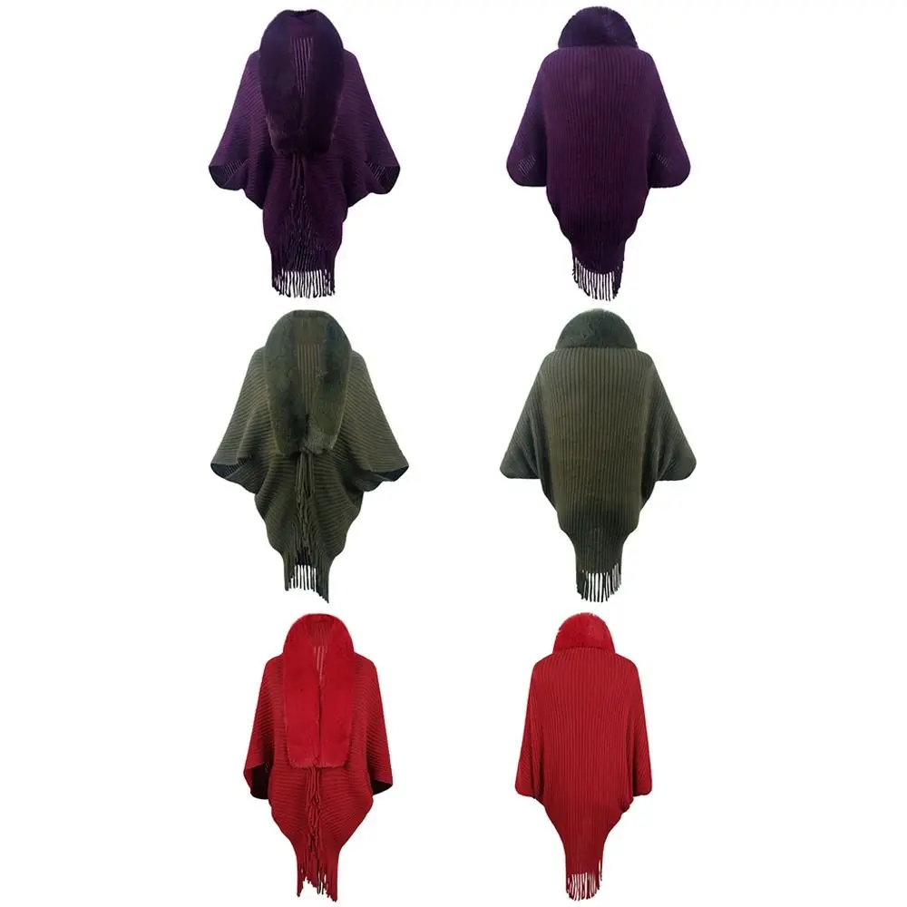 

Faux Fur Collar ' Mongolian Poncho Winter Warm Ethnic Style Cardigan Tassel Shawl Striped Artificial Wool Knitting Wraps