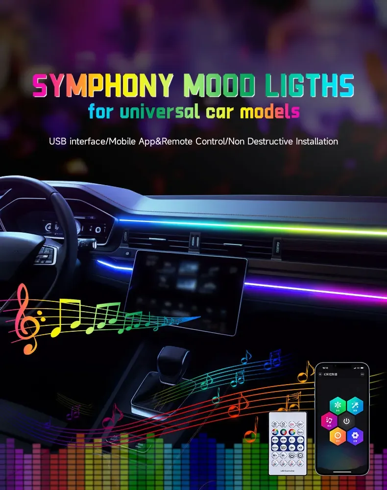 Auto-LED-Ambientelicht USB 64 Farben Acrylstreifen 110cm Vollfarben RGB Auto-Innenbeleuchtung Versteckte App-Fernbedienung Atmosphärenlampe – Detail 2