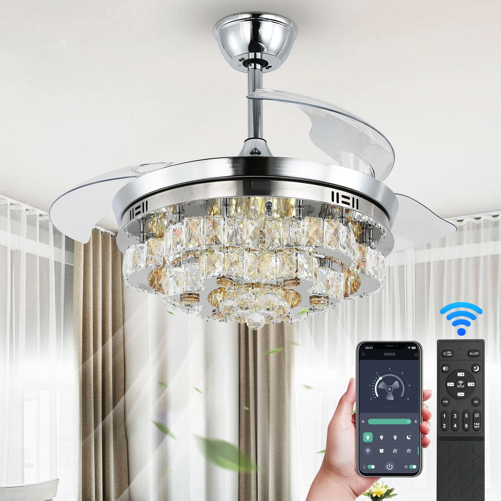 Modern Crystal Fan Ceiling Chandelier Adjustable 6 Level Speed Fan Lighting Fixture for Living Room With Remote Control Timeable