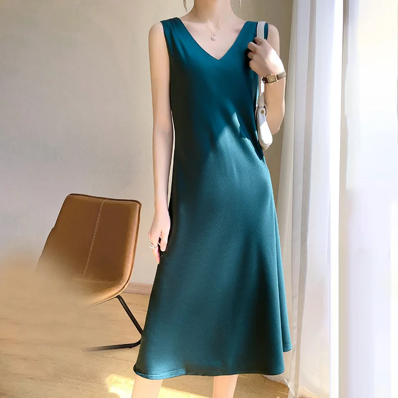 

Silk Satin Spring Summer Suit Inner Match High Fashion Long Dress Silk Acetate Strap Dress Versatile Quality Commute Style U-...